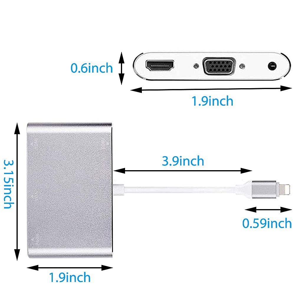 Verilux HDMI Adapter for iPhone, Light-ning to HDMI VGA Adapter 3 in 1 Digital AV Adapter, 4K Digital AV Adapter HDTV Connector for iPhone, iPad, iPod Touch-iOS 9 and Above(Not Work with Paid App)