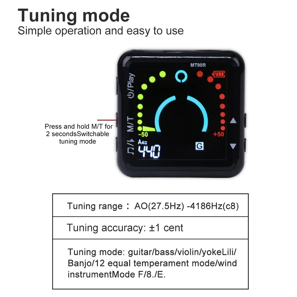 ZORBES 2 in 1 Guitar Tuner with Metronome, Clip On Tuner for Guitar, Bass Ukulele, Violin, Banjo, Built-in Battery USB Rechargeable Tuner with Adjustable Arm