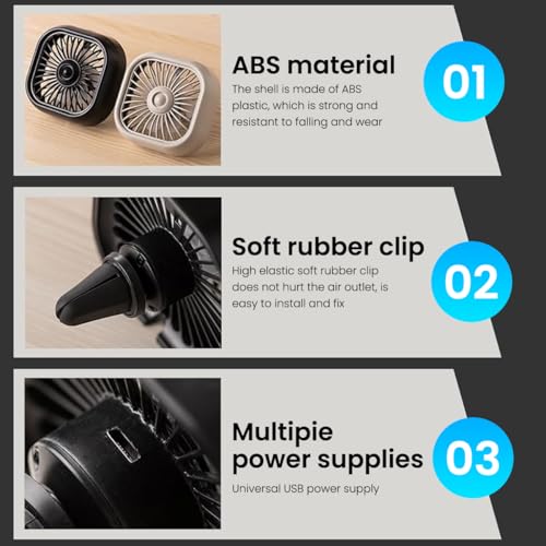 STHIRA® 5V 2A USB Car Fan Air Vent 3-Speed Adjustable Cooling Mini Quiet Operation Vehicle with Stylish LED Plug-and-Play Auto AC Clip-On Dash Small 9.3x7.9cm 3PCS