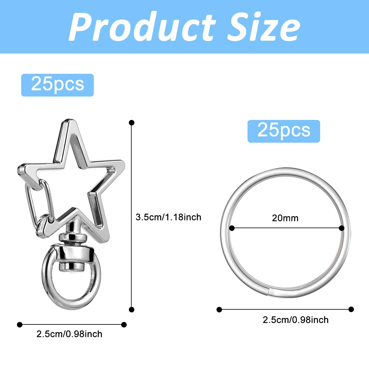 PALAY 50Pcs Star Key Rings, Metal Loops Rings Open Jump Ring Connector Key Rings for Jewelry Findings, Making Spring Rings, Art and Craft, DIY, Making Handbag Keychain