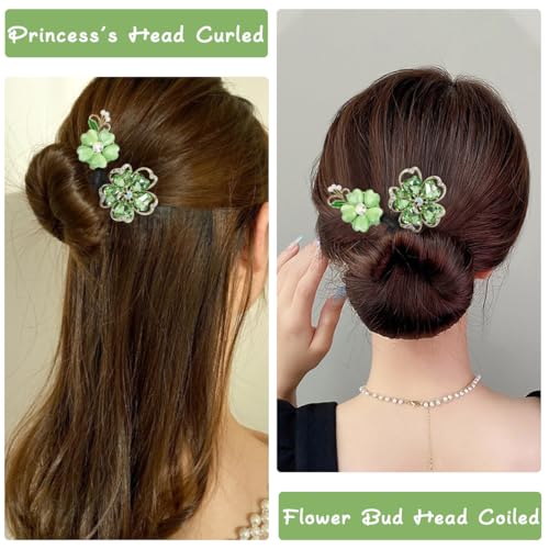 PALAY Hair Bun Accessories for Women, Quick Bun Maker for Hair, Green Rhinestone Hair Bun Clips for Women Medium Thick Hair, Floral Hair Style Accessories Twist Bun Clips for Hair for Party, Wedding