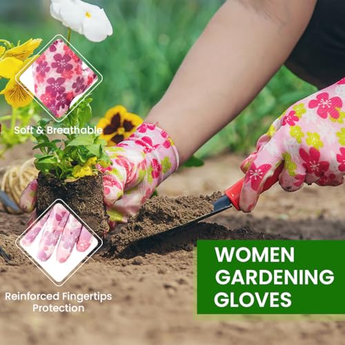 HASTHIP® 6 Pairs Gardening Gloves Women Fashion Floral Print Nylon Snug Fit Work Full Palm Anti-Slip Utility Protective One Size 2 PCS