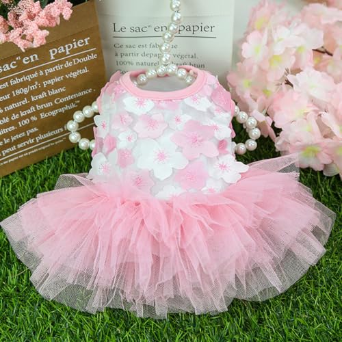 Qpets Dog Girl Dresses, Female Cat Dress, Crew Neck Dog Clothes Small Puppy Lace Princess Skirt, Girls Doggi Floral Dress Pink Flower Dresses Small Dog Cat Party Costume (M, Chest: 30cm)