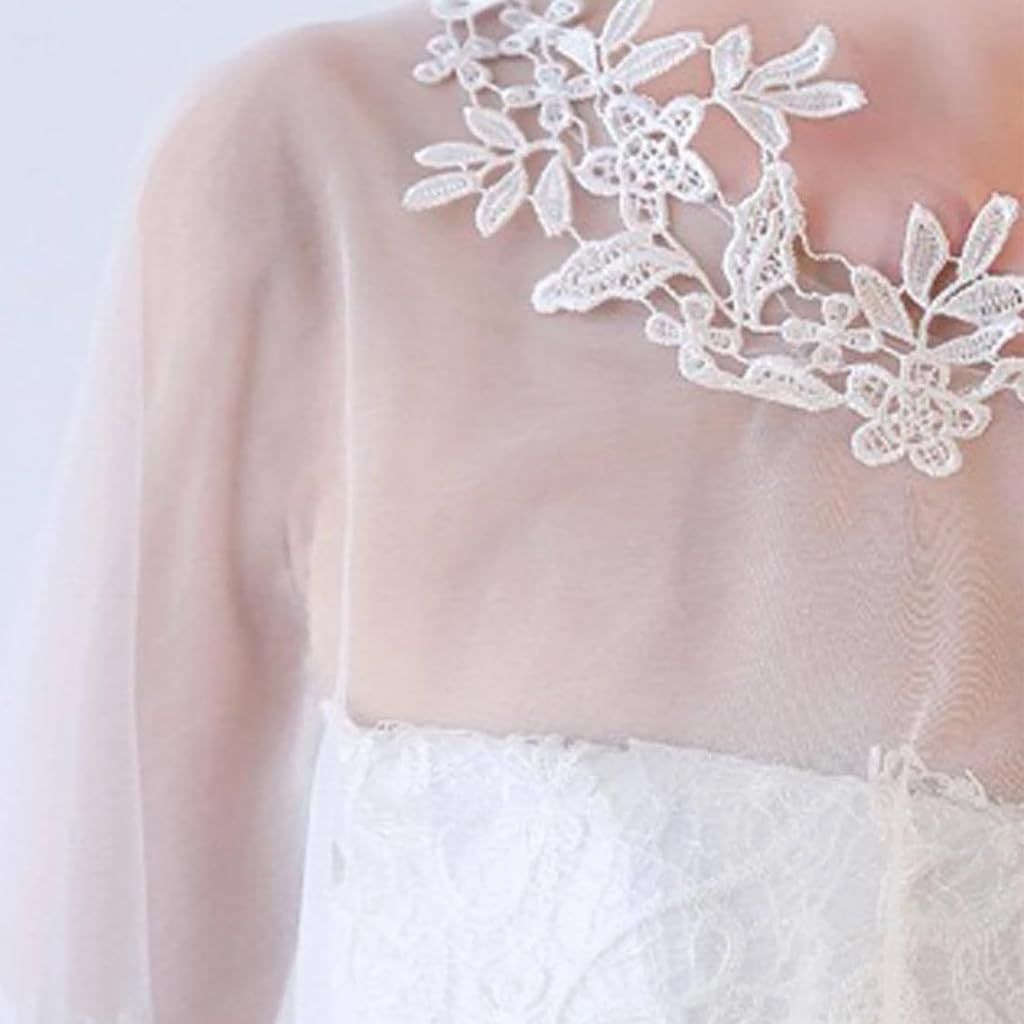 PALAY Sheer Lace Shawl Elegant White Lace Evening Dress Wrap Shawl Bridal Cape Cover Up Shawl Bridal Shawl Embroidery Floral Edge Lace Shawl for Dresses, Off-Shoulder