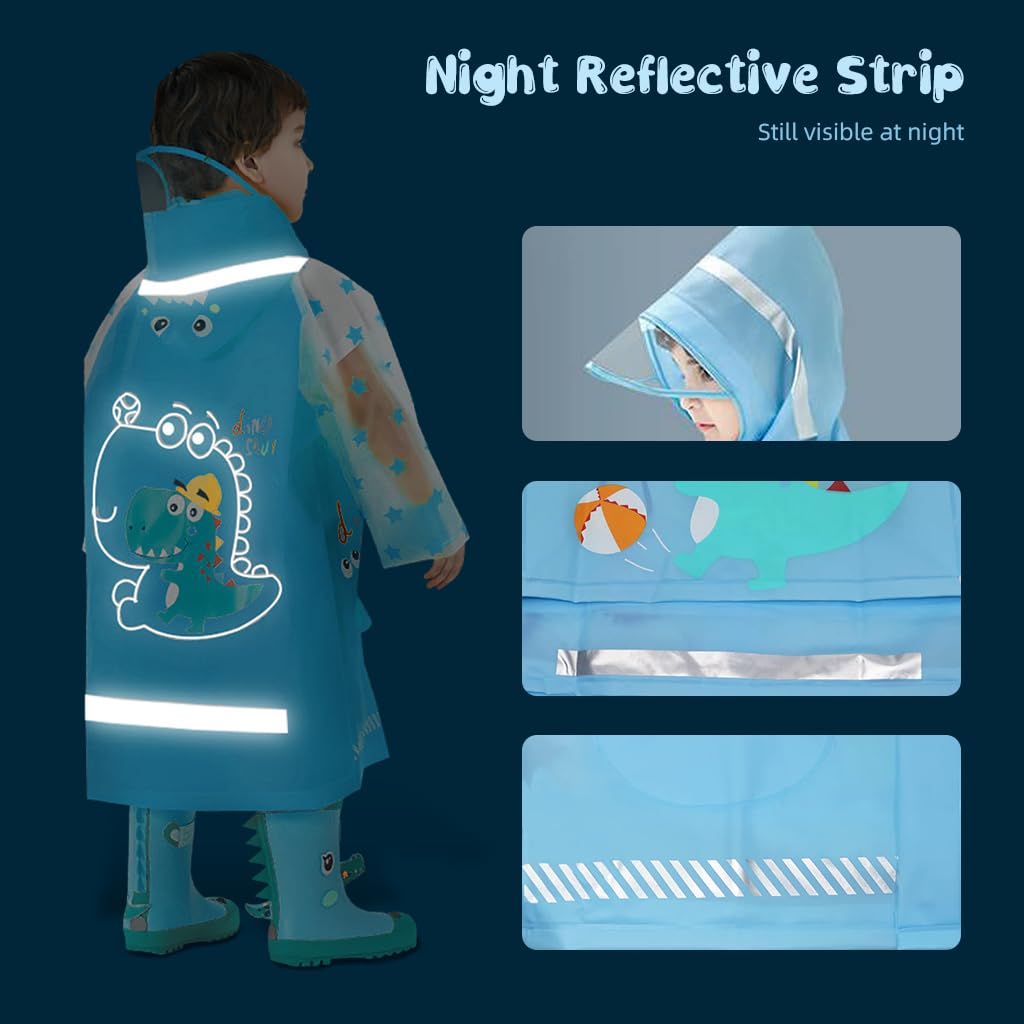 SNOWIE SOFT Hooded Raincoat for Kids Wide Brim Hooded Raincoat EVA Student Kids Raincoat with School Bag Rain Cover Cartoon Dinosaur Raincoat for Kids 4-5 Years Old, Recommended Height 105-115 cm