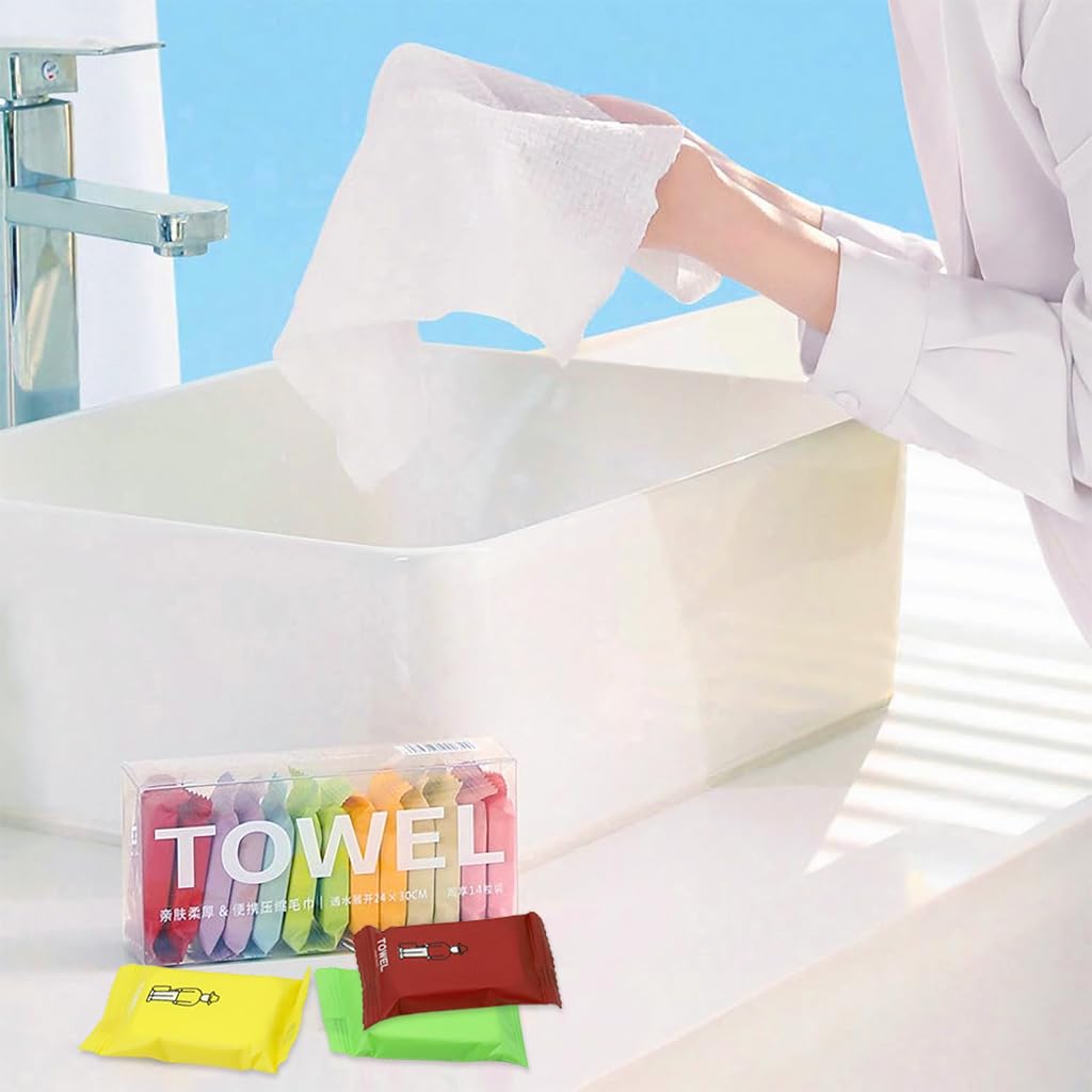 HANNEA 14pcs Compressed Towel Tablet Travel Compressed Cotton Towel Face Towel Reusable Cotton Towel Tablets Multipurpose Compressed Towel Tablets, 9.5X11.8 Inches