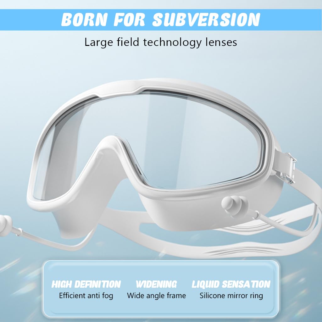 Proberos Swimming Set with UV and Anti Fog Protection Goggles, Swim Cap, Earplug and Nose Plug Set, Anti-fog Diving Goggles Swimming Goggles for Surfing, Kayaking, White