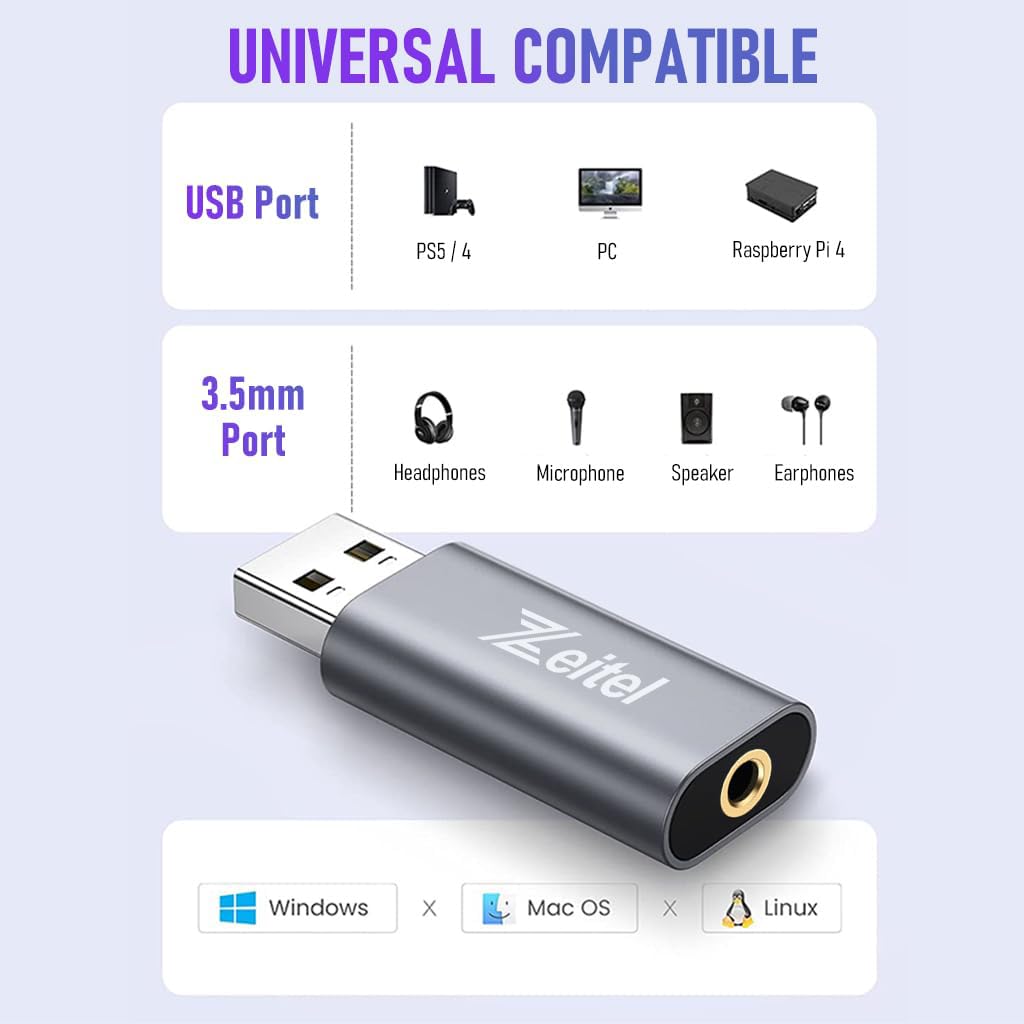 Verilux USB Sound Card USB to 3.5mm Jack Audio Adapter USB External Stereo Sound Adapter Converter for Laptop, PC, Compatible with PS5, PS4 Plug & Play No Driver Need