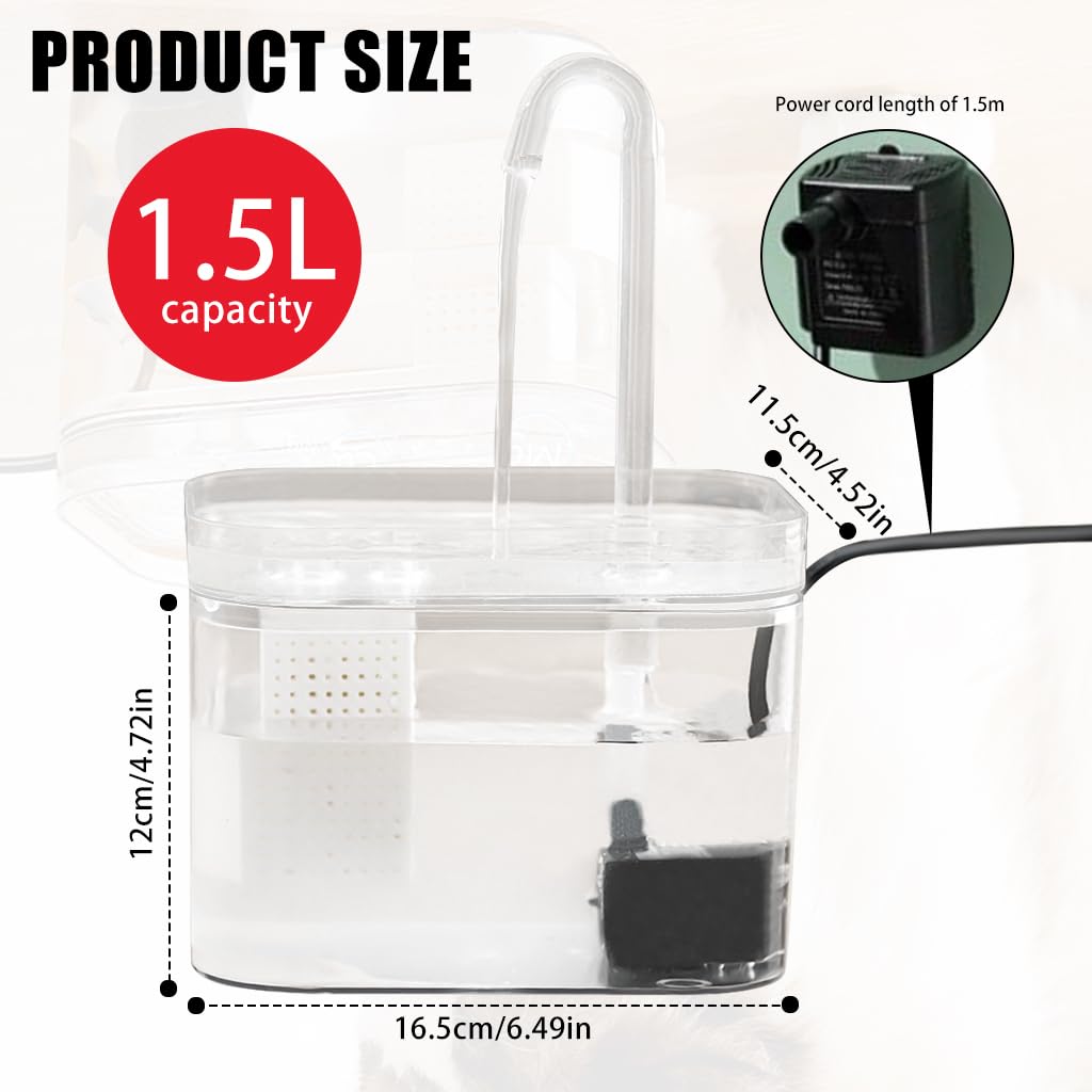 Qpets 1.5L Cat Water Fountain for Cats, Dogs, Ultra Quiet Stylish Transparent Cat Drinking Fountain, Food Grade PET Automatic Pet Water Fountain
