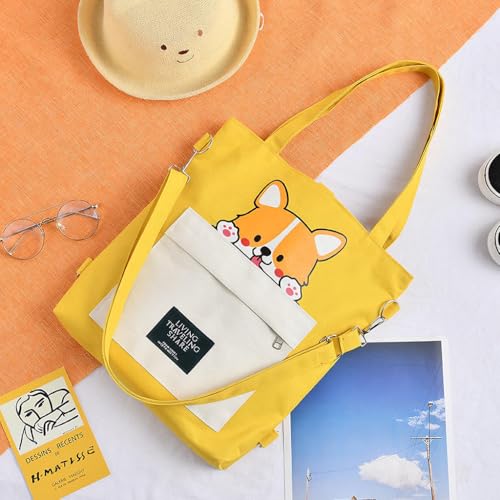 ZIBUYU® Akita Design Yellow Canvas Crossbody Tote Bag For Women, 36x33cm Large Travel Shoulder Purse With Cartoon Dog, Detachable Adjustable Straps, Lightweight Gift For Dog Lovers, Casual Daily Use