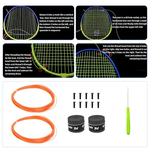 Proberos® Badminton Racket Strings Set for 2 Rackets Replacement String Repair Kit with Accessories Tools Nylon Fiber 0.78mm Tension 26lbs 10m Long Orange 3PCS