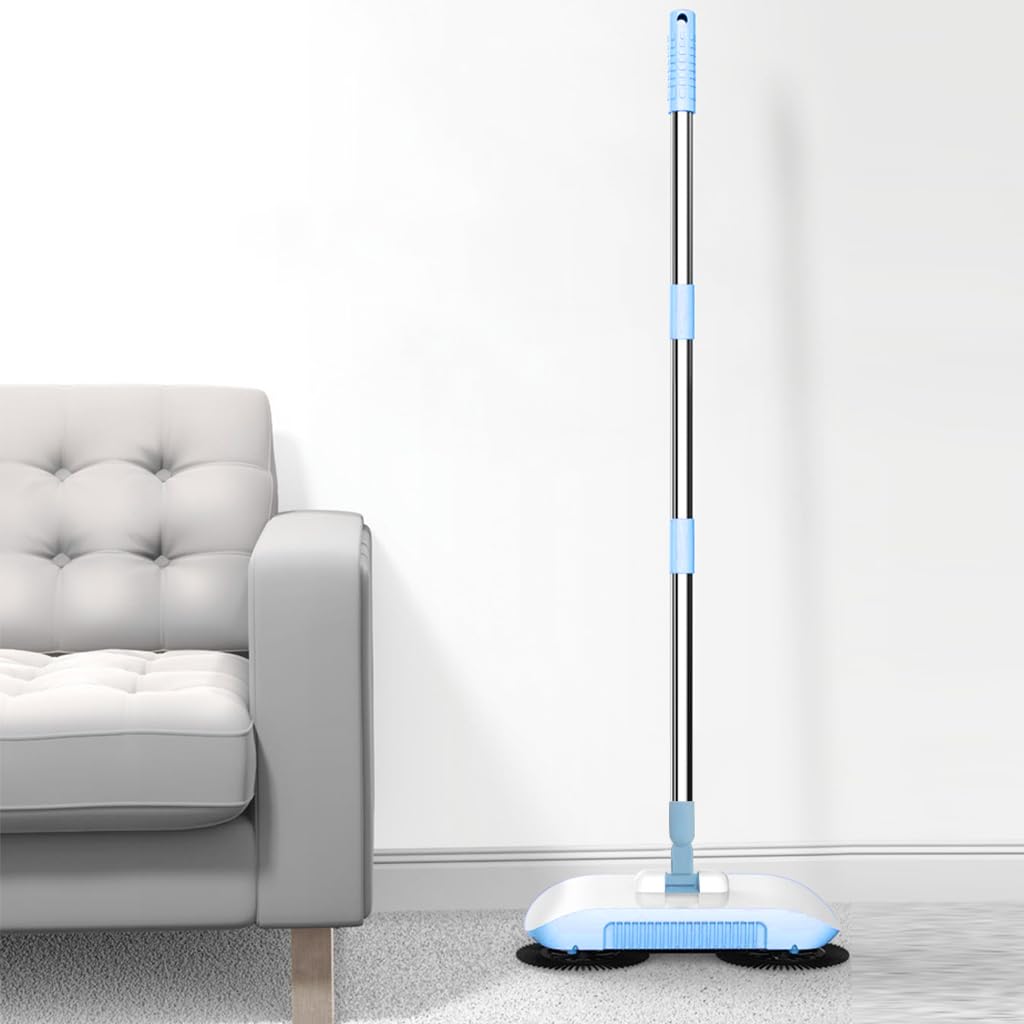 HASTHIP Manual Floor Sweeper & Mop, 2 in 1 Non-Electric Hand-Push Vacuum with 180° Spiral Dual Brushes, Sweeping Mop Crumb Sweeper for Carpet Floor Clean (Blue)