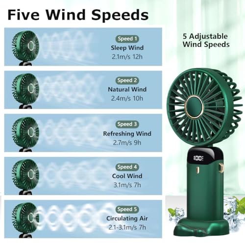 HASTHIP® Hand Fan Mini Handheld 3000mAh Rechargeable with 5 Speeds Battery Operated Foldable Desk Desktop Fans LED Display for Home Office Bedroom Outdoor Travel Green 3 PCS