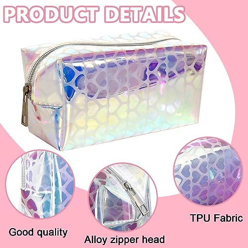 MAYCREATE Makeup Pouch Organizer TPU Semi-Transparent Cosmetic Bag, Holographic Heart Print Cosmetic Travel Bag for Women Girls, Zipper Toiletry Bag Pencil Pouch