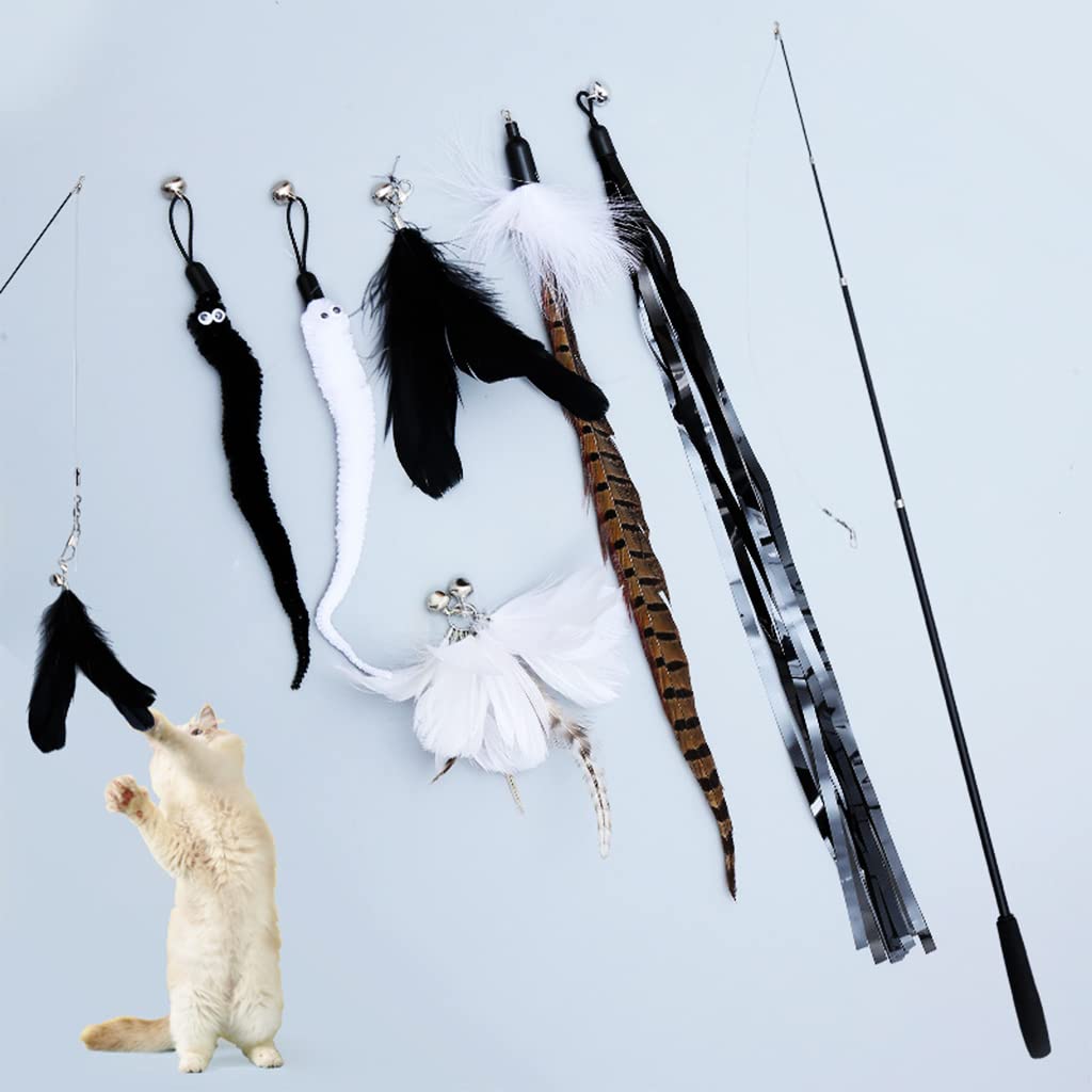 Qpets 7 Piece Cat Feather Toys Interactive Cats Teaser Wand Toy Retractable Teaser Wand Feather Worm Teaser Cat Toys