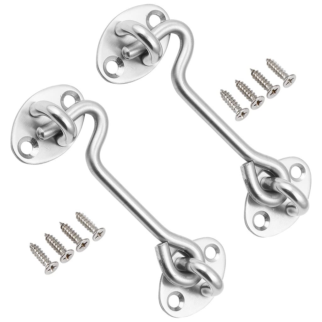 HASTHIP 2Pcs 4 Inch Sliding Door Lock, Barn Door Lock Gate Latch, Gate Hooks and Eyes, Rust-Resistant Metal Gate Latch with Screws, Privacy Hooks Latch for Door, Window, Cabin, Barn (Silver)
