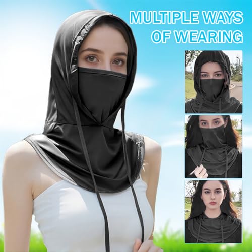 Optifit® Face Mask for Bikers 3-in-1 Balaclava Sun Hood with Neck Gaiter Ice Silk Cool Touch Adjustable Drawstring Lightweight Quick Dry Protection for Biking Hiking Black 2PCS