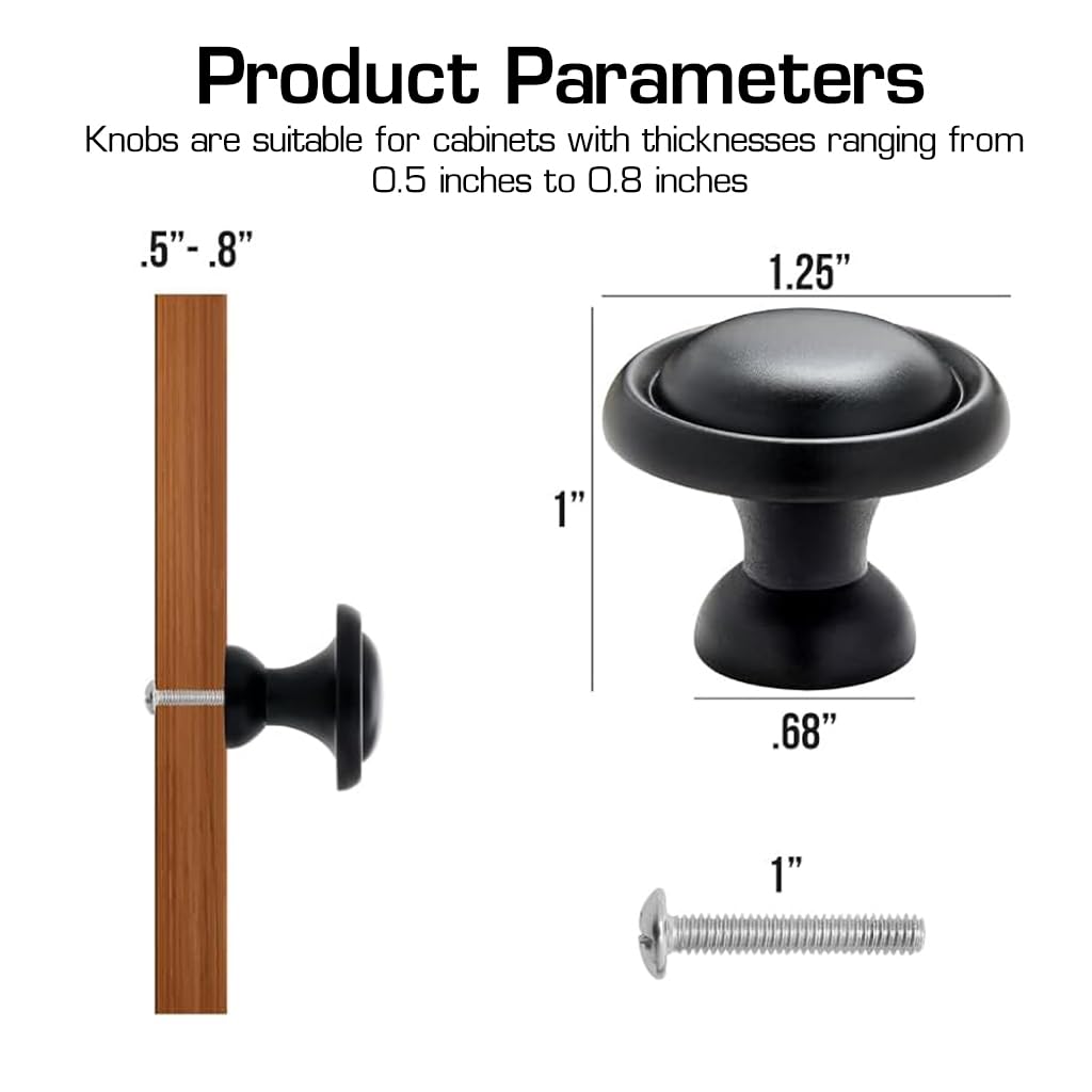 HASTHIP 10Pcs Metal Cabinet Knobs, 1.25'' Round Black Zinc Alloy Cabinet Knobs, Rust and Scratch-Resistant Drawer Handles Pulls with Screws for Cabinet, Drawer, Cupboard, Wardrobe