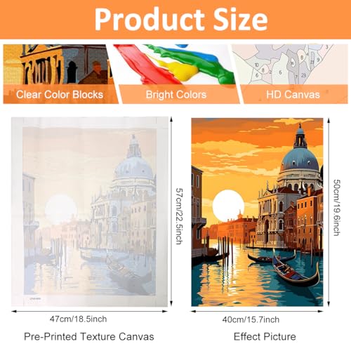 HASTHIP® Paint by Numbers Sunset Riverside Town Landscape Acrylic Oil Painting DIY Canvas Art Craft Wall Home Decor Gift Kit with Tools Pigments No Frame 16x20 inches 2 PCS