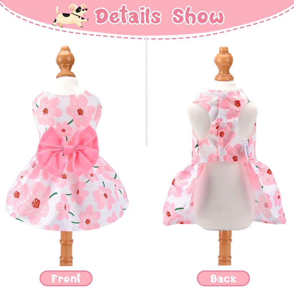 ZIBUYU Dog Dress for Small Medium Dogs and Cats Cute Floral Print Dog Clothes with Pink Bow Summer Dog Cat Dress Puppy Pet Clothes for Daily, Walking - Size M