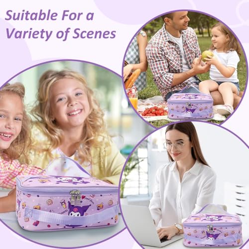 HASTHIP® Cotton Kuromi Insulated Bento Box Lunch Bag 11.4x8.3x3.9 Inch Multi-Purpose Waterproof Dual-Handle Design Office Storage for Kids Students Adults Purple 2PCS