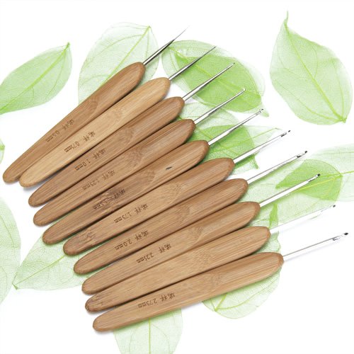 Supvox Imported Set of 10pcs Metal Crochet Hooks with Bamboo Handles 0.5-2.75mm