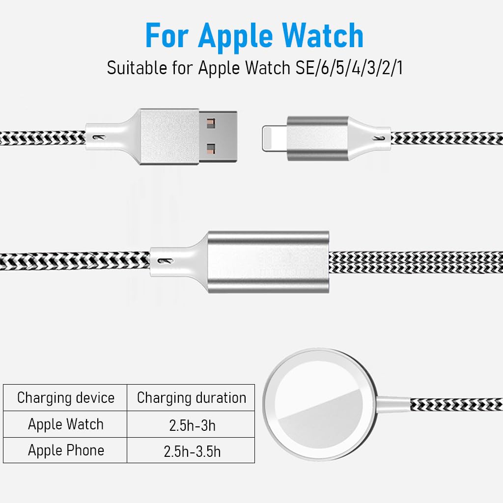 ZORBES 2-in-1 Smart Watch Charger for Apple Watch Charger for Apple Watch Se/6/5/4/3/2/1&for iPhone 14/13/12/11/Pro/Max/Xr/Xs/X/Airpods Series for Apple Watch Charger Cable Charging,3.3Ft,Silver