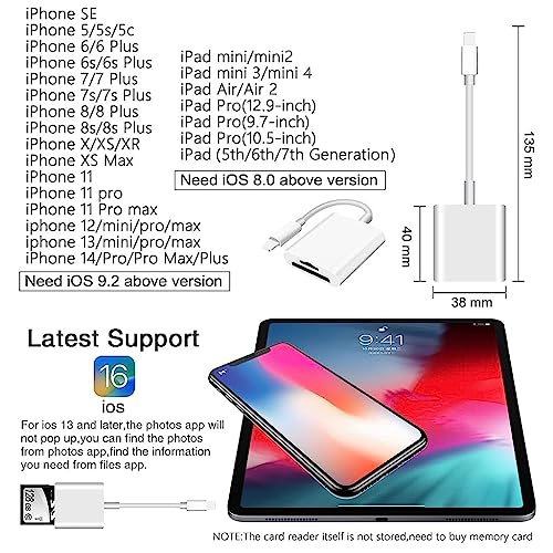 Verilux SD Card Reader for iPhone iPad, Dual Card Slot Memory Card Reader Supports SD and TF Card 2 in 1 TF Card/Micro SD Card Reader iPhone for Plug and Play Card Reader for iPhone