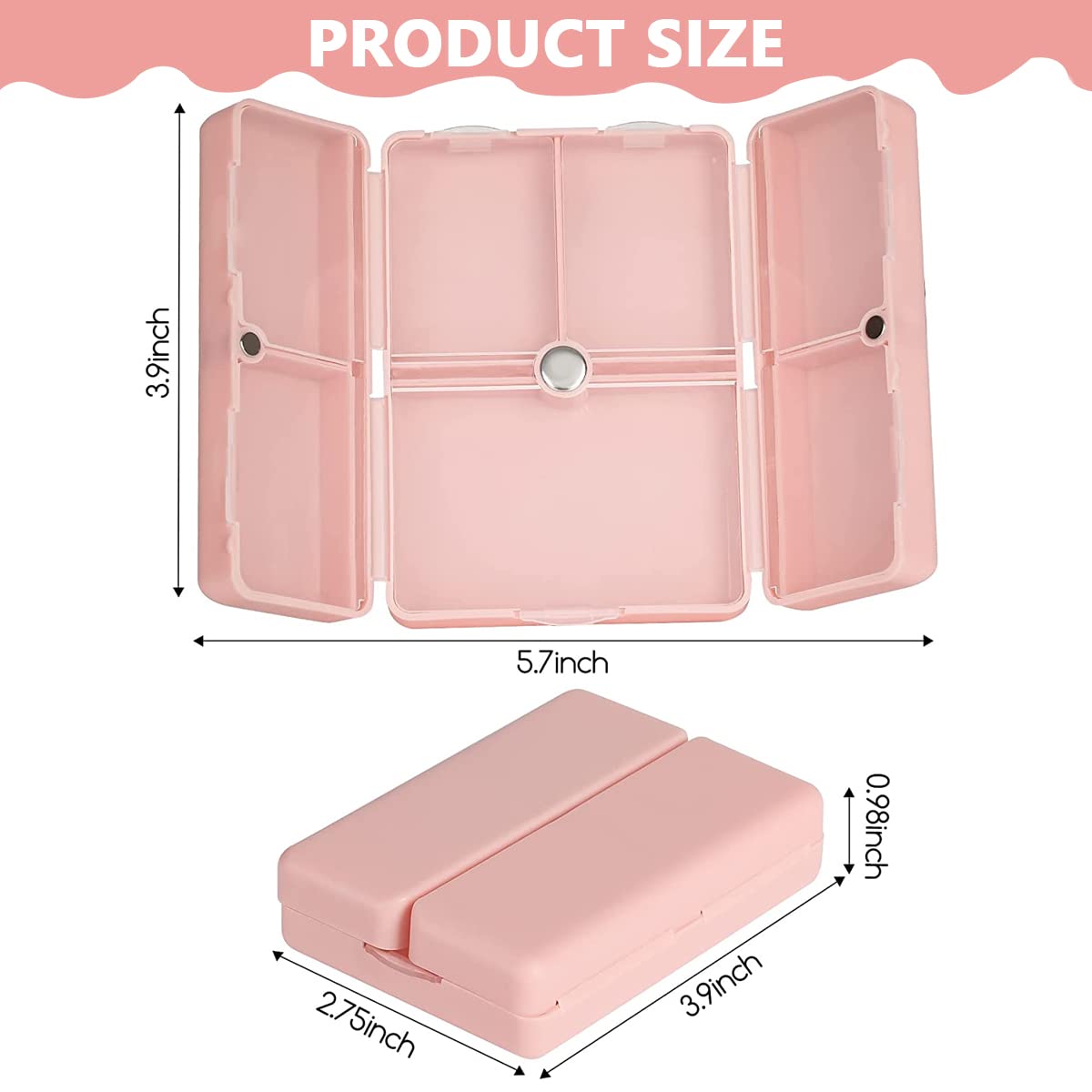 HANNEA Pill Medicine Organizer Storage Box with 7 Compartments, Folding Design, Moisture-Proof Pill Box for Vitamin, Medicine, Pills, Supplements Holder Container, Pink