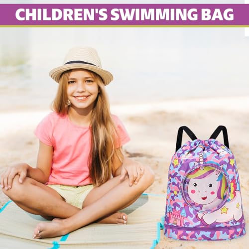 Proberos® Drawstring Backpack Girls Waterproof Swimming Bags with Shoe Compartment Colorful Unicorn Print Polyester Travel Bag Activity 3PCS