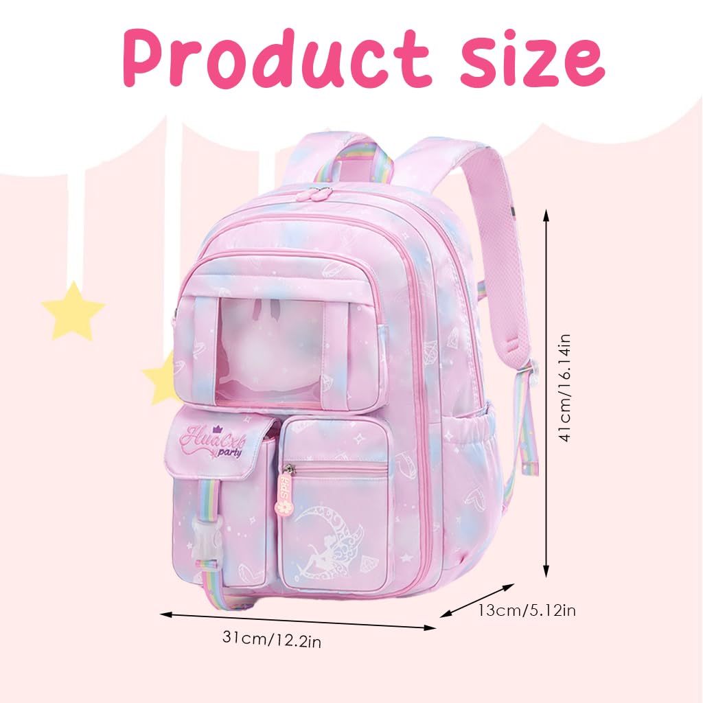 PALAY School Backpacks for Girls Stylish School Bags for Girls Kids 7-12 Years Old Cartoon Water Resistant Backpack Durable Burden Relief School Bag Children's Day Birthday Gift for Girls - Pink