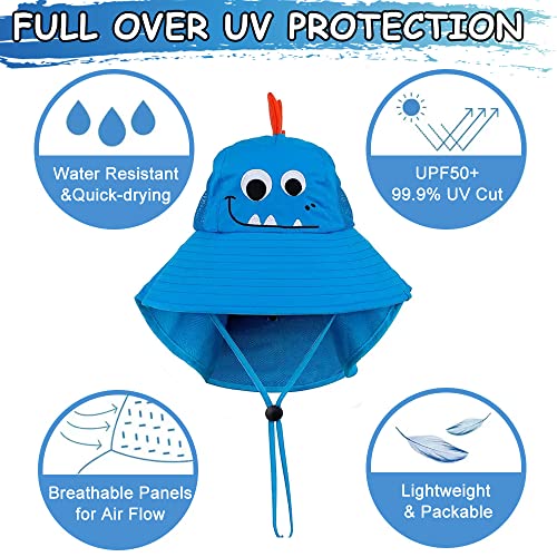 GUSTAVE® Kids Cotton Cartoon Sun Hat with Wide Brim, Mesh Breathable Cap, UV Protection, Neck Flap, Visor, Adjustable Fit for Girls/Boys Age 3-9 Years, Summer Outdoor Blue