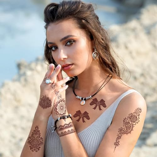 MAYCREATE® Henna Temporary Tattoo Sticker for Women Girls 8 Sheet Fake Tattoos Mandala Floral Patterns for Neck Chest Arms Hands Feet Waterproof Brown 24 PCS