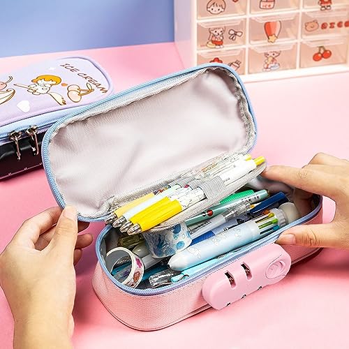 HASTHIP Large Capacity Pencil Case with Combination Lock, Big Capacity Pencil Pouch for Boys Girls, Waterproof Pencil Box with Pen Insert Compartment for School (Pink)