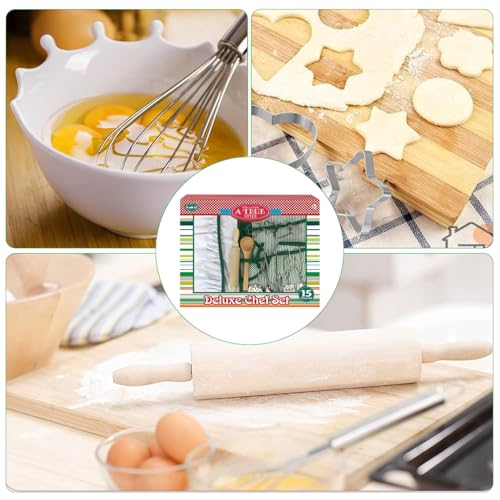HASTHIP® 15Pcs Baking Set for Kids with Cake Mold Set, Cooking Spoon Set for Kitchen, Chef Cap for Kids, Waterproof Kitchen Art Apron for Kids, Oven Gloves, Pad, Rolling Pins, Egg Whisk, Wooden Spoon