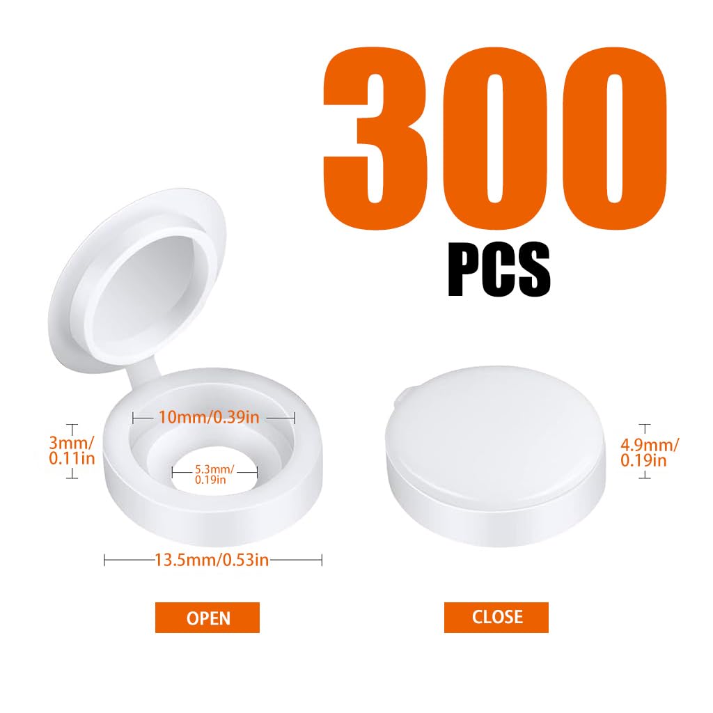 Serplex 300Pcs Plastic Hinged Screw Cover Caps, Folding Screw Cover Cap, Snap Washer Covers Flip Tops for Covering Screw Heads, Screw Protection for Home & Industrial Use (White)