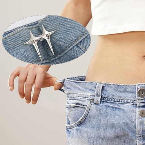 SANNIDHI® 1 Pairs Adjustable Waist Buckle for Unfit Jeans Pants, Pants Size Adjuster Silver Star Instant Jeans Button Pins Waist Tightener, Detachable No Sewing for Pant, Skirt