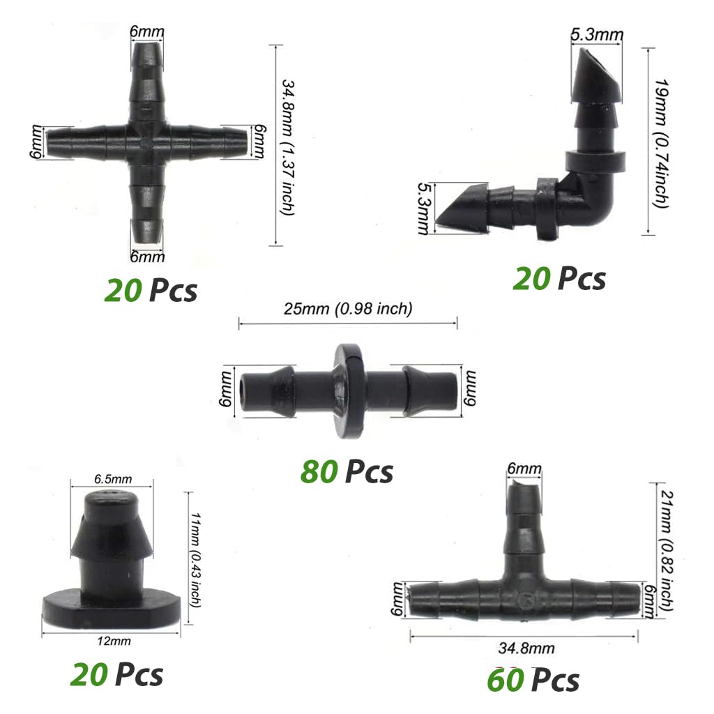 HASTHIP 200-Piece 1/4'' Drip Irrigation Connectors Kit, Easy Installation, Highly Durable & Flexible for Home Gardens, Lawns, Greenhouses, Versatile, Non-Toxic & Leak-Proof Watering Solution
