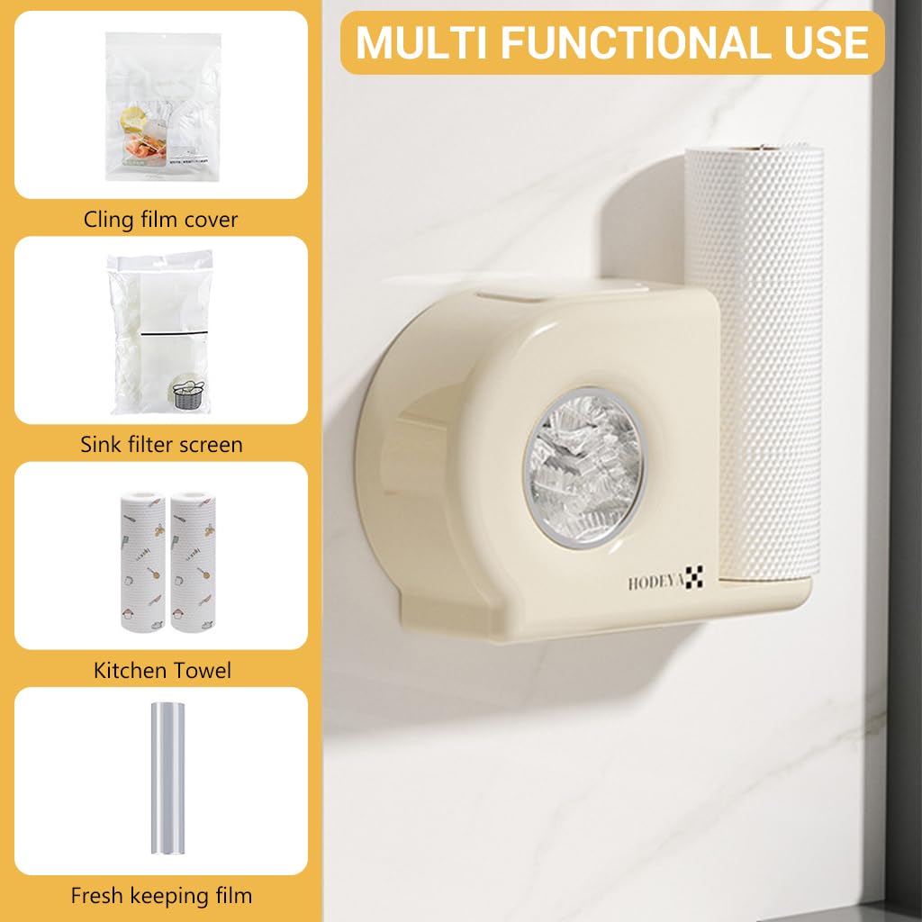 HASTHIP Kitchen Organizer for Elastic Plastic Food Covers & Kitchen Paper Towel Wall Mounting 2 in 1 Plastic Wrap Food Covers Dispenser with Paper Roll Holder