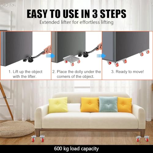 HASTHIP® 5 Wheel Furniture Lifter Mover Set 600kg Heavy Duty Move Roller Tools with Anti Slip for Sofa Wardrobes Washing Machines Fridge Adjustable Height 3 PCS