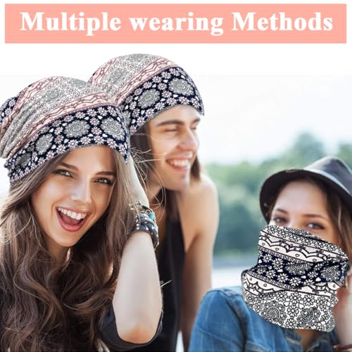 PALAY® Hijab Caps for Women, Slouchy Beanie Cap, Floral Print Head Scarf, Chemo Caps, Fashion Stretch Soft Hip-Hop Skull Dwarf Hats for Teen Girls X 2 Black