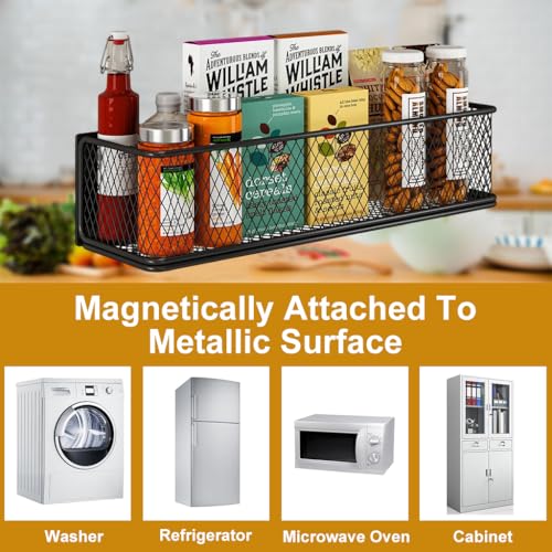 HASTHIP Kitchen Organizer Basket Magnetic Metal Mesh Organizer Basket Spice Seasoning Jar Organizer Holder Multi-Purpose Home Organzier for Refrigerator, Whiteboard, 35 x10.5x8.5 cm
