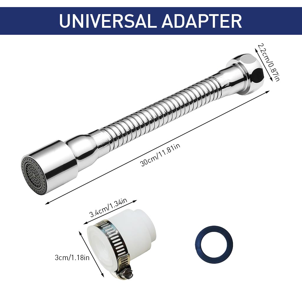 Supvox Faucet Extender 11.8 '' Stainless Steel Faucet Extender Flexible Angle Adjustment 360° Rotating Kitchen Sink Faucet Extender with Adapter Universal Faucet Extender for Kitchen Bathroom