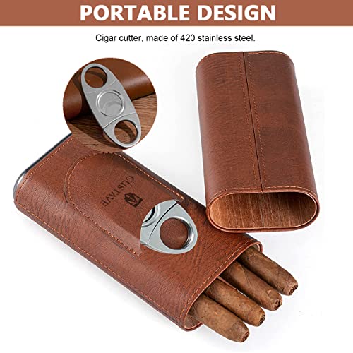 GUSTAVE® Cigar Case Holds Up to 3 Cigars Cedar Wood Lining Travel Leather with Stainless Steel Cutter Gift Set for Man 6PCS