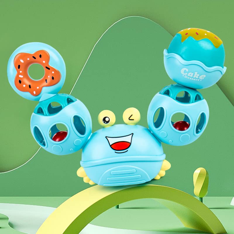 PATPAT Rattles for Baby 0-6 Months Cartoon Crab Sensory Teething Toys for Babies 360 ° Rotation Rattle Toy BPA-Free Soothing Toy Toddler Activity Toys New Born Baby Toys Gifts for Boys Girls- Blue