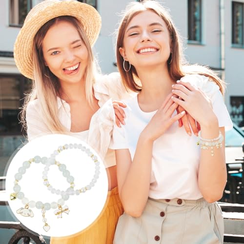 SANNIDHI® Crystal Bead Bracelet for Women & Girls, 2Pcs Elastic Cinnamoroll Charm Bracelets with Cute Beads, Beige Jewelry Gift for Kids Sisters Friends, for Birthdays, Festivals & Events