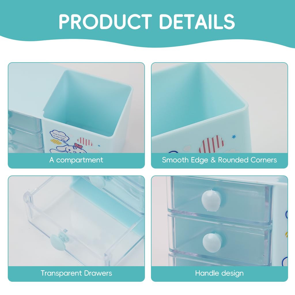OFIFO Kawaii Cinnamoroll Desk Organizer Pen Holder with 3 Multi-Drawer Storage for Office Stationeries, Scrapbooking Supplies, Clips, Pens, Tapes, Accessories (Blue)