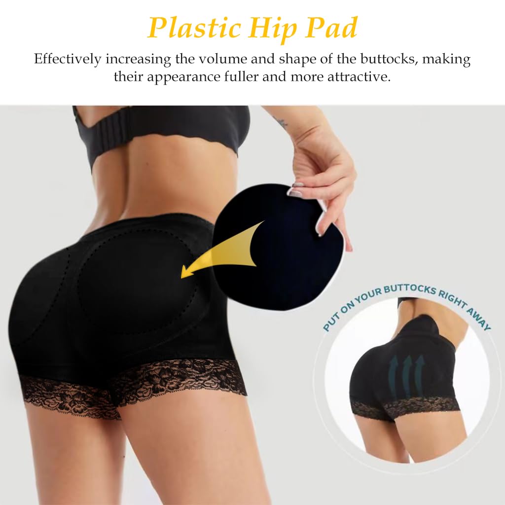 ZIBUYU Women Butt Lifter Panties Padded Shapewear Hip Enhancer Panties Lace Pads Shorts Seamless Underwear Tummy Control Boyshorts, M, Black