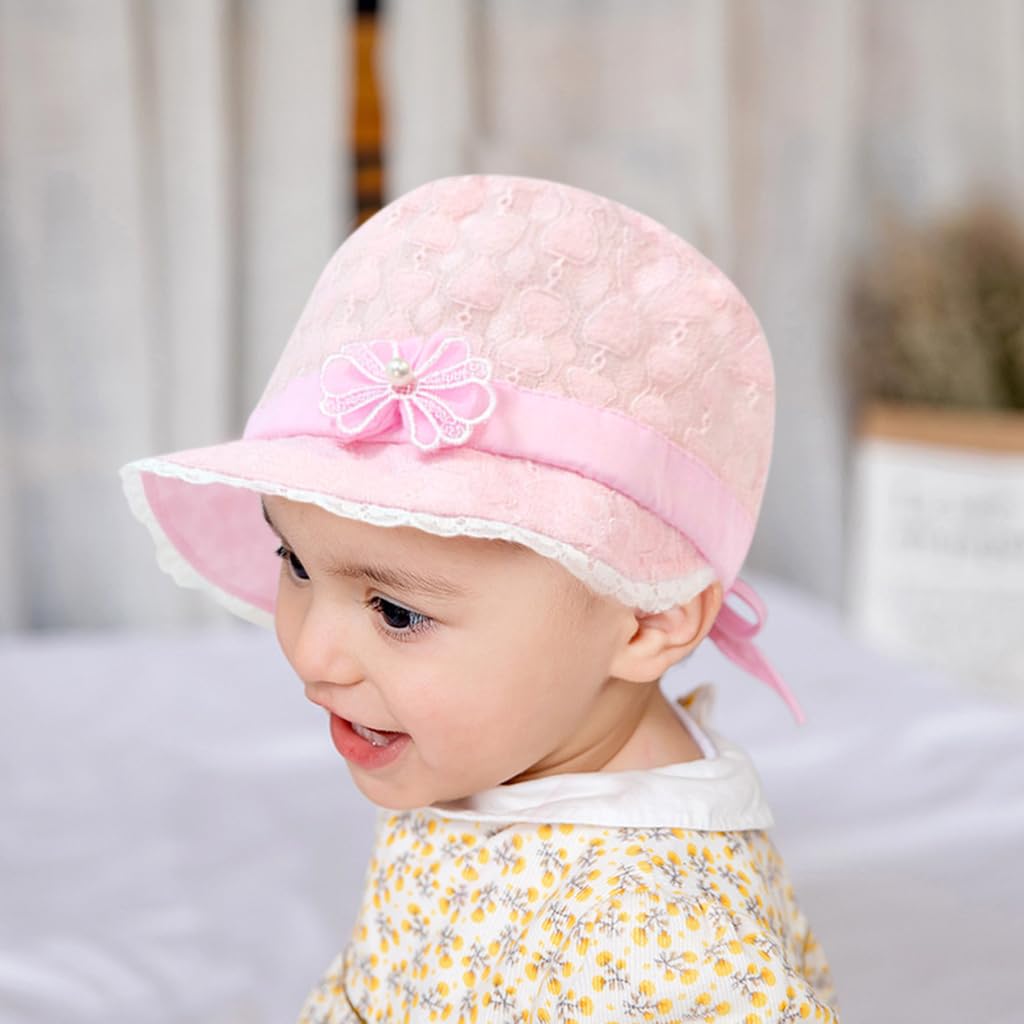SNOWIE SOFT Baby Hats for Girls, Adorable Sun Hats for Baby Toddler Girls, Windproof Summer Hat with Strap Bucket Hat Cute Bow Tie Lace Sun Hat Travel Sun Hat for Baby 3-12 Month, Beige