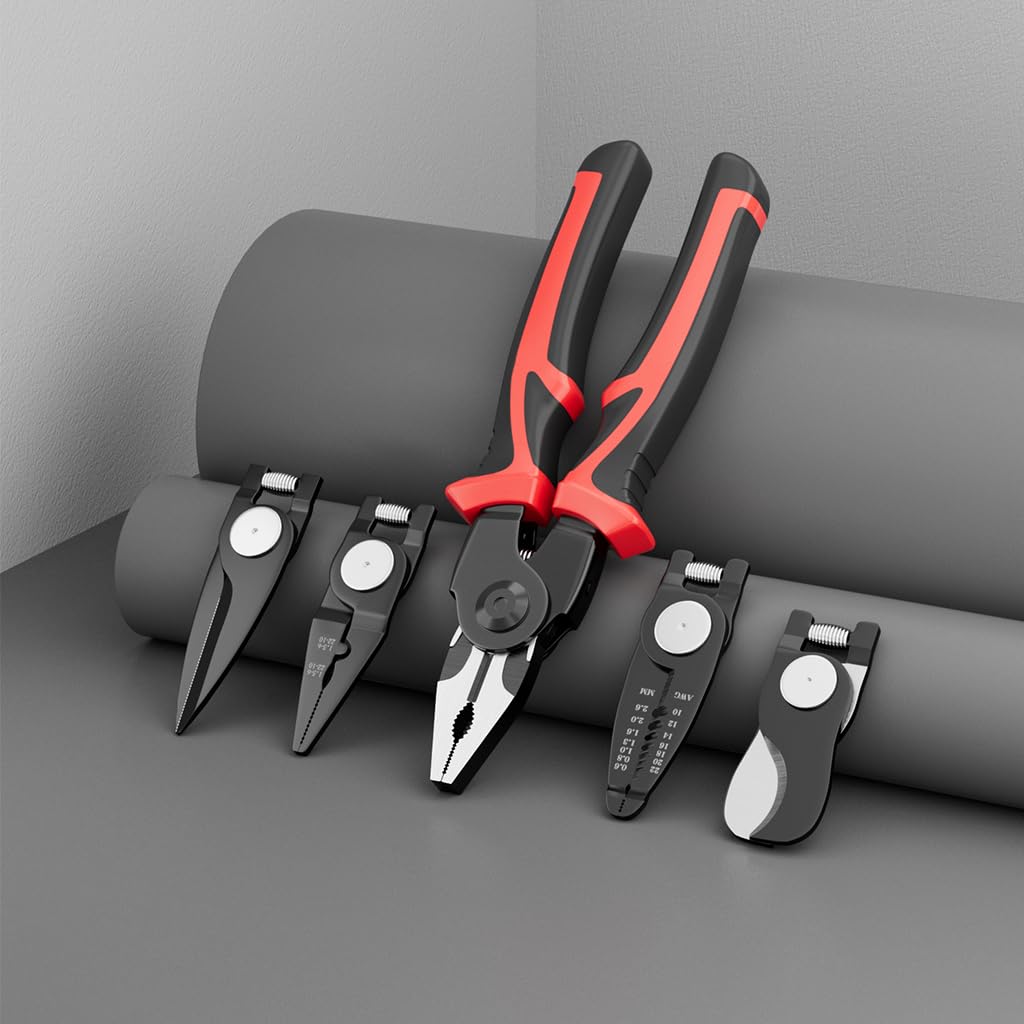HASTHIP 5-In-1 Multifunctional Wire Stripper, Combination Interchangeable Pliers Kit, Wire Stripper, Wire Crimping Tool, Linesman Pliers, Cable Cutter, Electricians Scissor with Storage Case